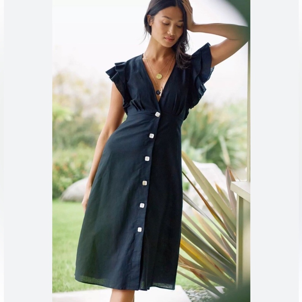 Charlie Holiday Anthro ruffle-sleeve midi dress 4 cotton linen new with tags